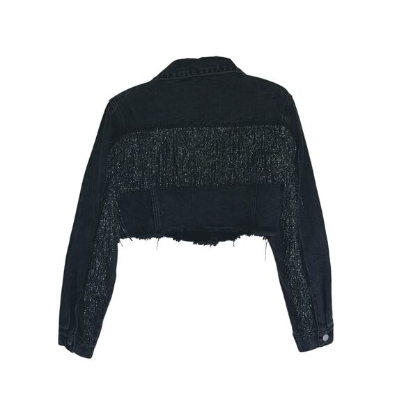 Fringe Cropped Distressed Y2K Denim Jacket Medium Western Raw Hem Grunge Retro - Picture 3 of 9